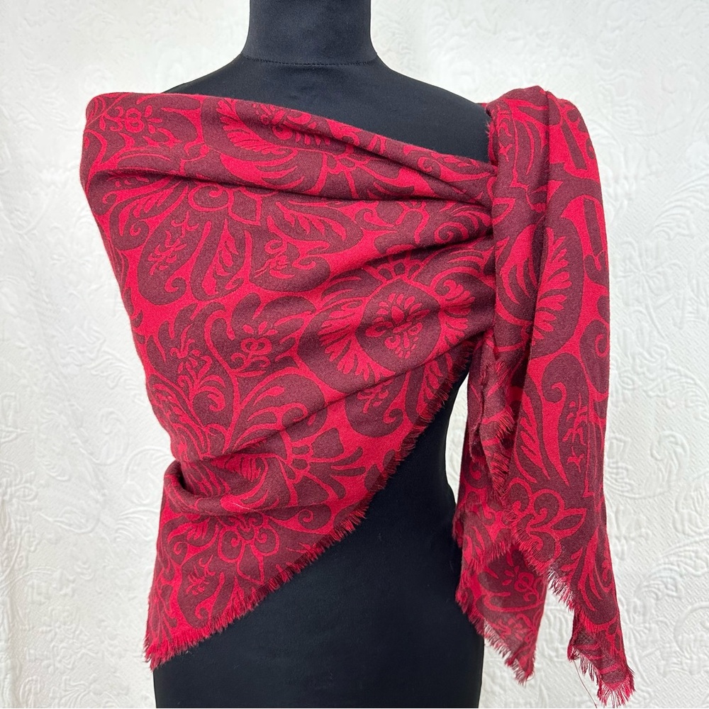 Extra Large Wool 55" Square Red Damask Scarf